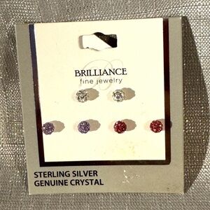 Brilliance Sterling Silver Crystal Round Stud Earrings Set Clear, Red, Purple